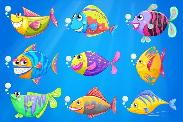Εννέα πολύχρωμα ψάρια κάτω από τη θάλασσα — Διανυσματικό Αρχείο