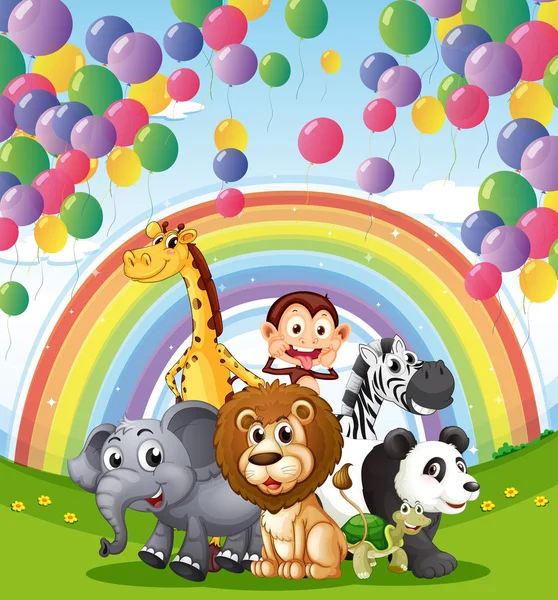 Animales debajo de los globos flotantes y el arco iris Ilustración De Stock