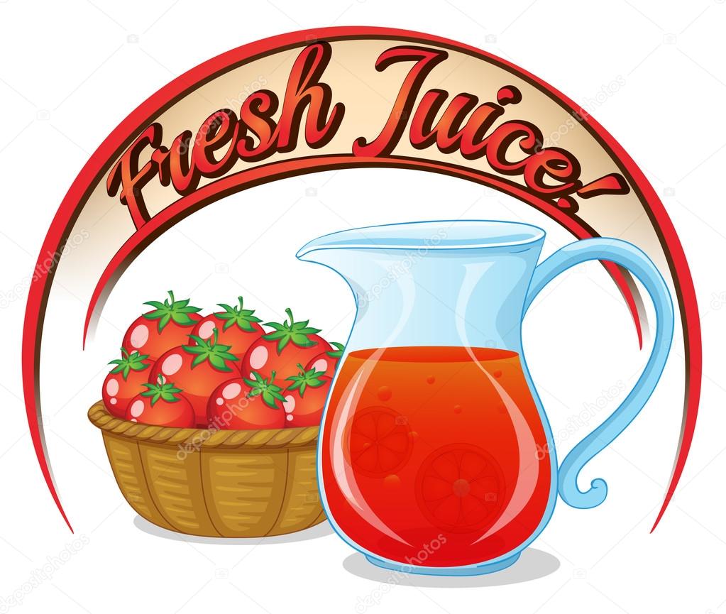 A fresh juice label with a basket of tomatoes and a pitcher of j