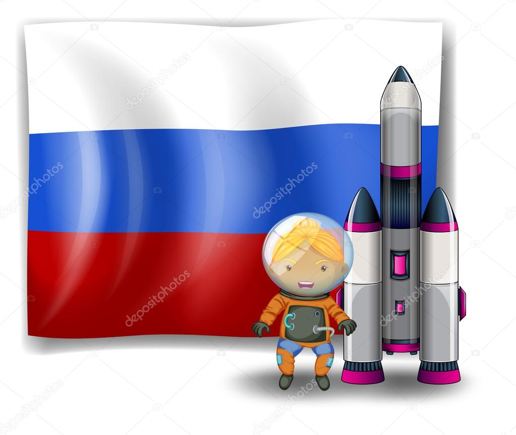 A Russian flag with an explorer beside a rocket