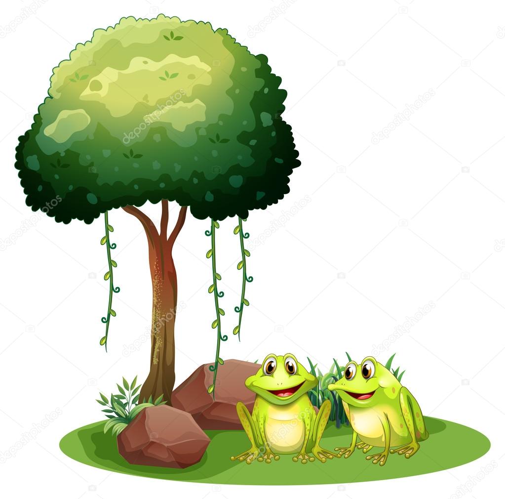 Two smiling frogs beside the tree