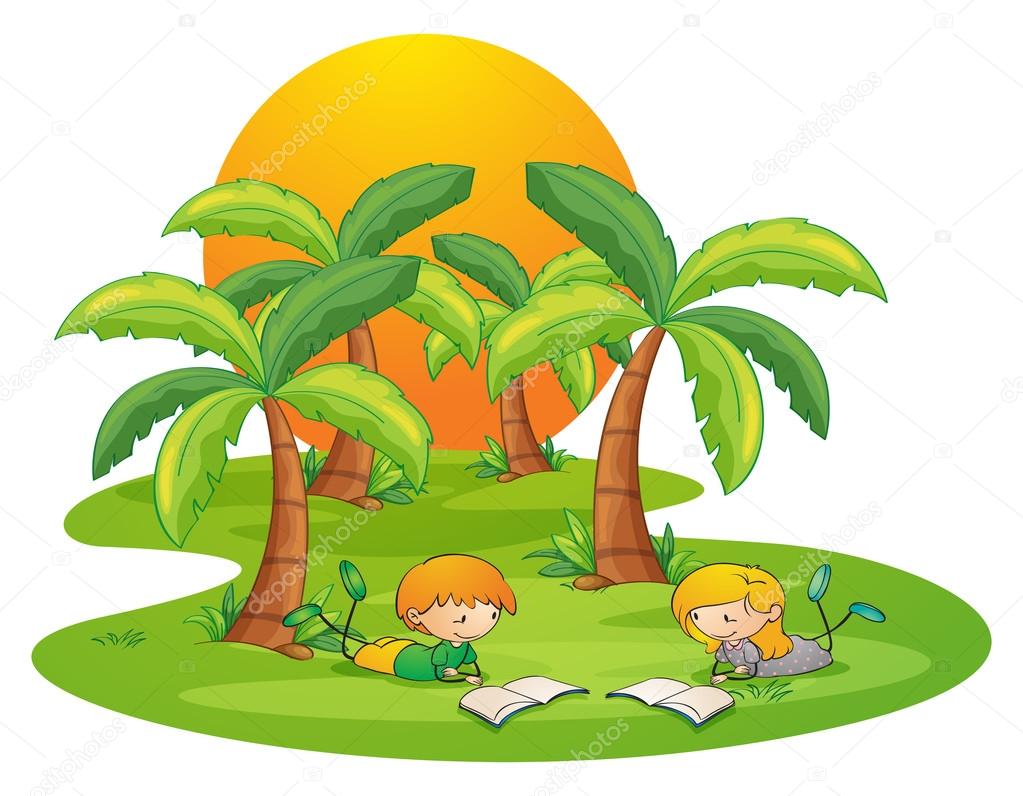 Two kids in the island reading near the coconut trees — Stock ...