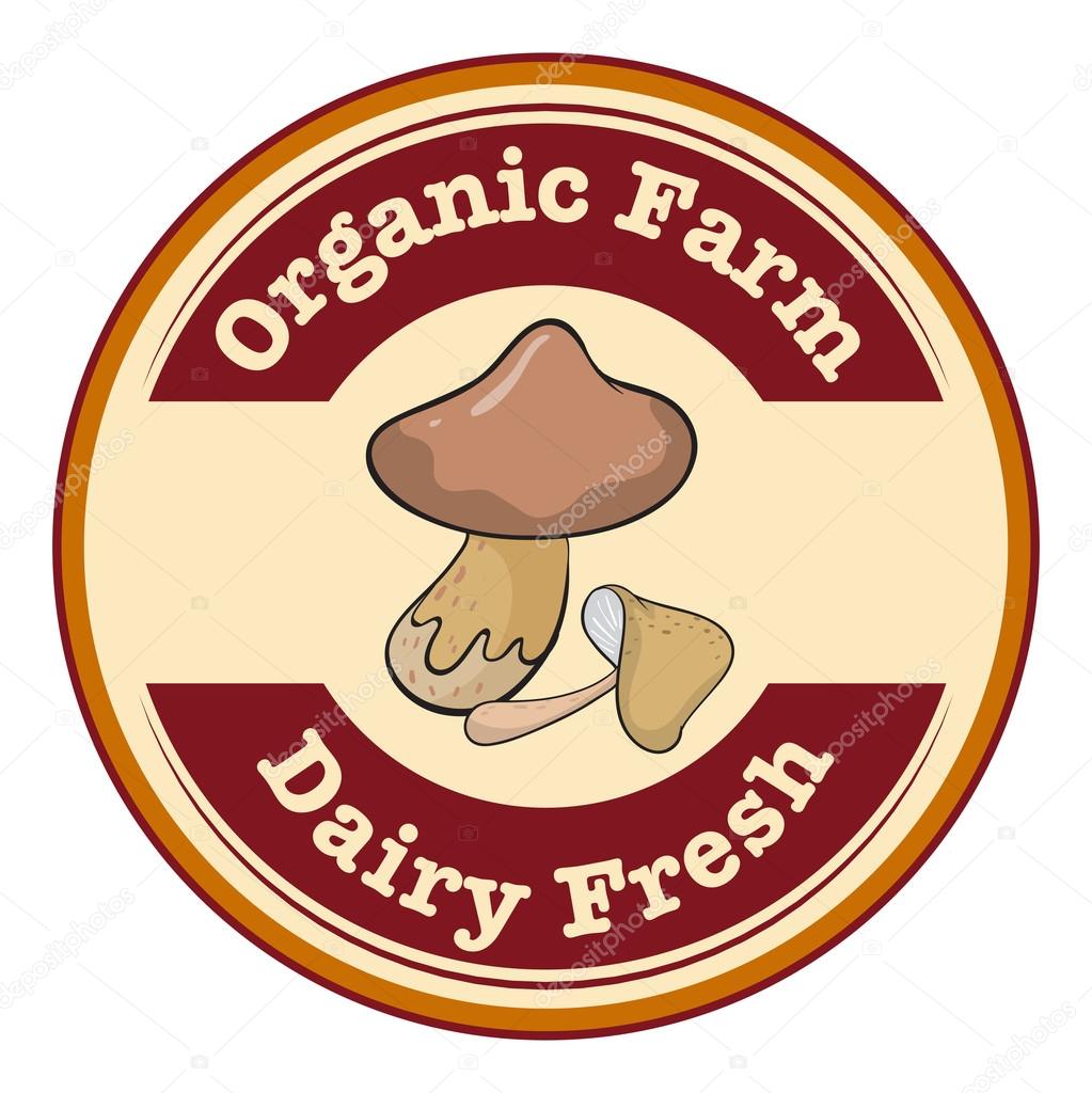 A round organic farm and dairy fresh logo with a mushroom
