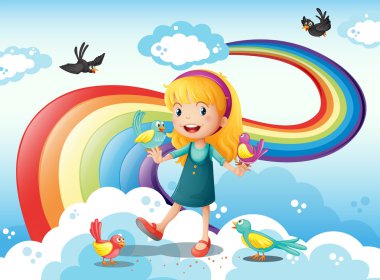 bir kız ve bir grup gökyüzündeki kuşlar gökkuşağının yakınındaki