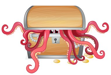 A treasure box with an octopus inside clipart