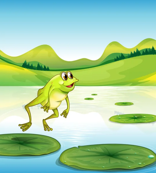 A pond with a frog jumping — Stock Vector