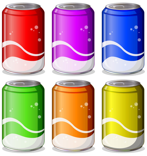 Six colorful soda cans