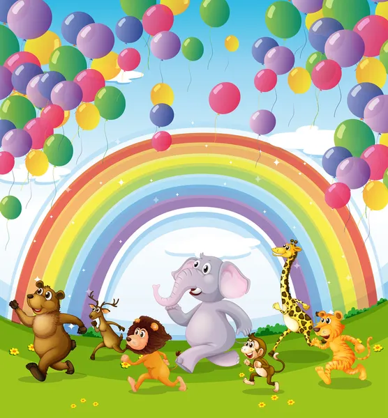 Dieren onder de zwevende ballonnen en regenboog racing — Stockvector