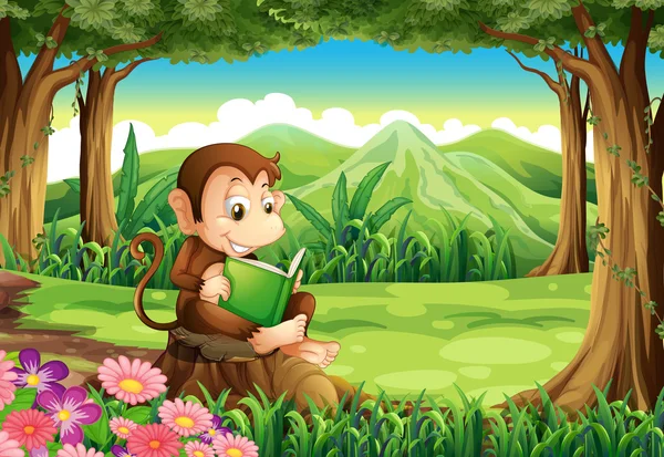Ein glücklicher Affe, der beim Lesen über dem Baumstumpf sitzt — Stockvektor