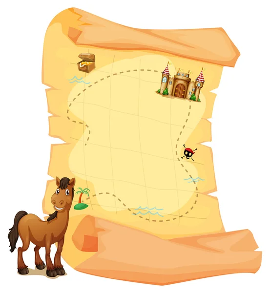 Un mapa del tesoro y un caballo marrón sonriente — Archivo Imágenes Vectoriales