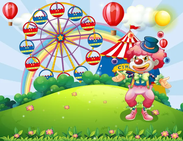 Een clown jongleren op de heuveltop in het carnaval — Stockvector