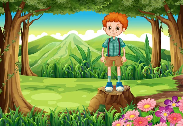 Un garçon dans la forêt debout au-dessus de la souche — Image vectorielle