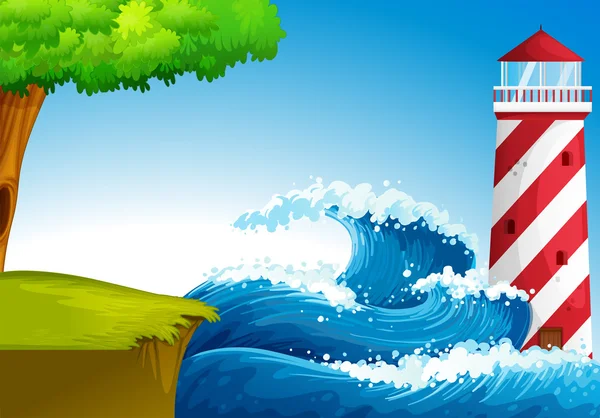 Strong waves near the lighthouse — Stock Vector