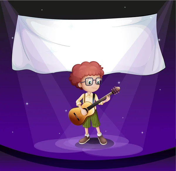 A boy at the stage with an empty banner at the back — Stock Vector