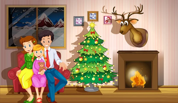 Una familia dentro de la habitación con un árbol de Navidad — Vector de stock