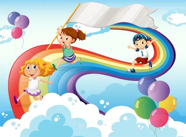 Niños jugando sobre el arco iris con una pancarta vacía — Vector de stock