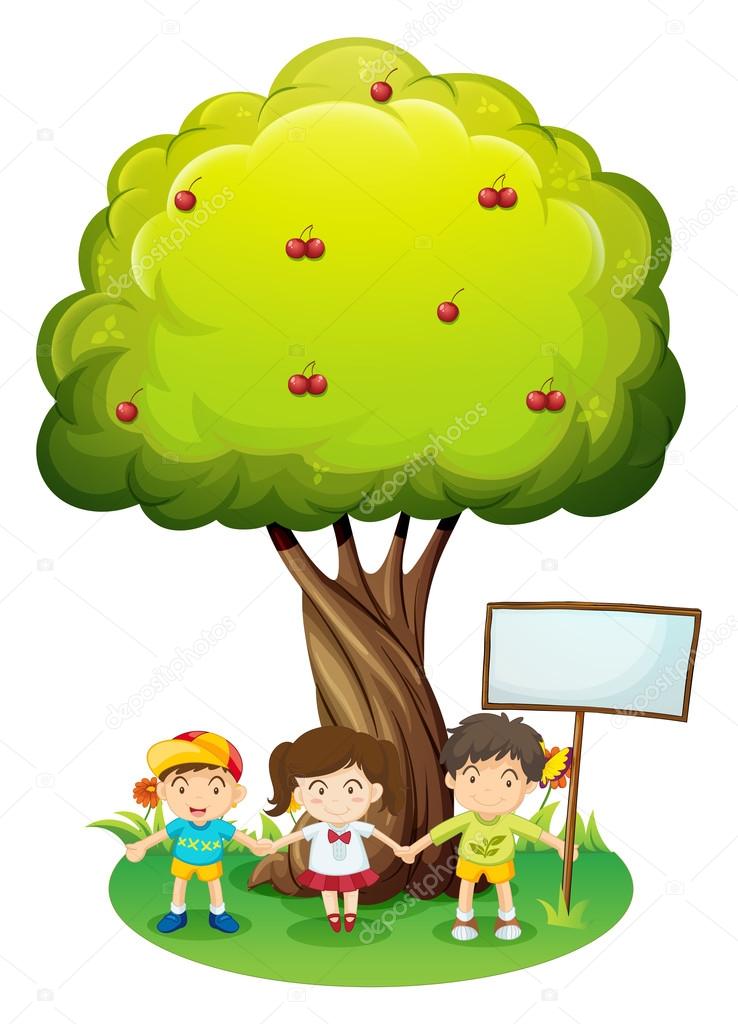 Three kids under the tree with an empty signboard