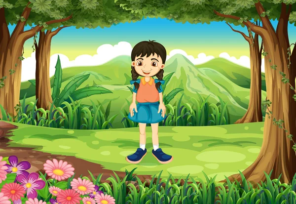 Ένα χαριτωμένο νεαρό κορίτσι στέκεται κοντά τα δέντρα — Διανυσματικό Αρχείο