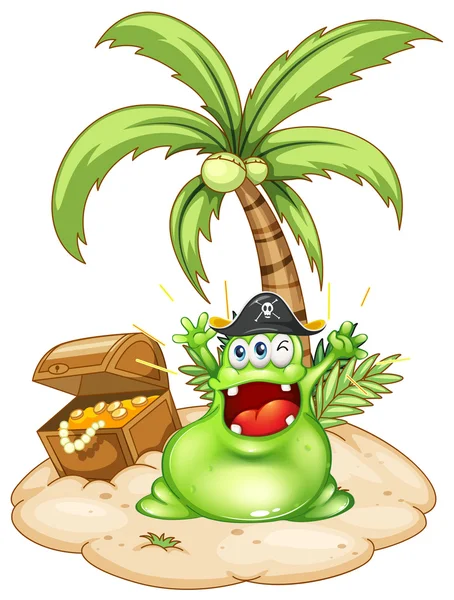 A happy green monster in an island with a treasure box — Stock Vector