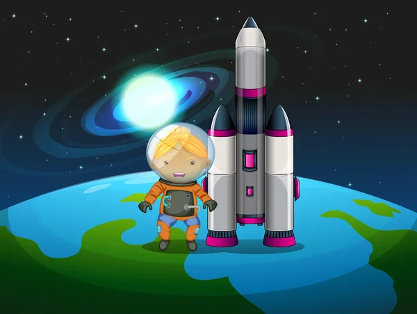 Tutkimusmatkailija raketin vieressä seisomassa maan päällä. — vektorikuva