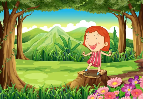 Ein lächelndes kleines Mädchen steht über dem Baumstumpf — Stockvektor