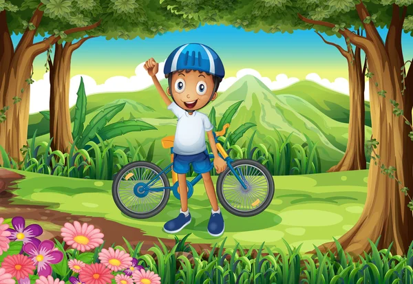 A happy boy with a bike standing in the middle of the forest — Stock Vector