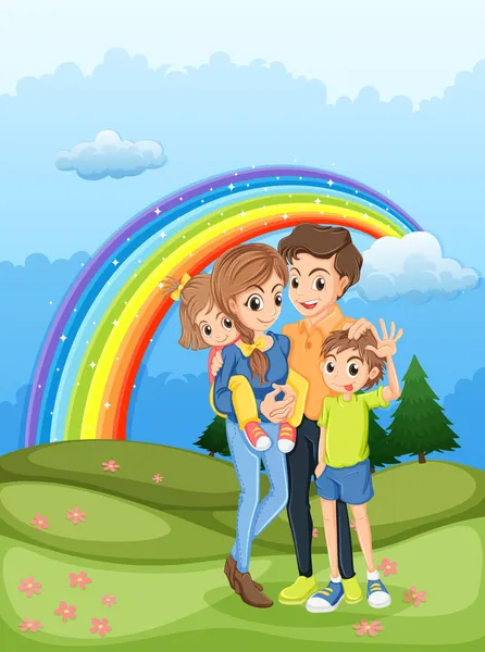 一家人散步与天空中的彩虹 — 图库矢量图片