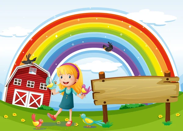 Uma menina ao lado da tabuleta vazia com um arco-íris no céu — Vetor de Stock