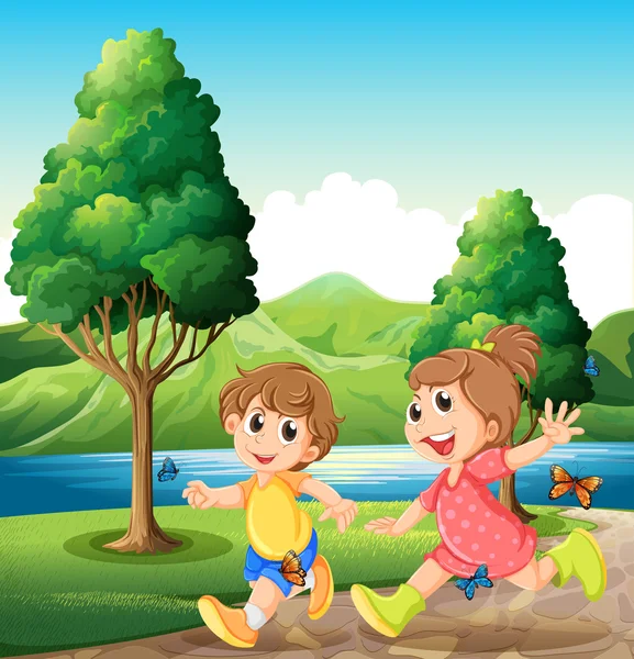 Happy and energetic kids playing near the river — Stock Vector