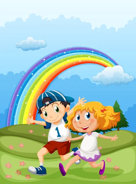 A boy and a girl running with a rainbow in the sky — Stock Vector