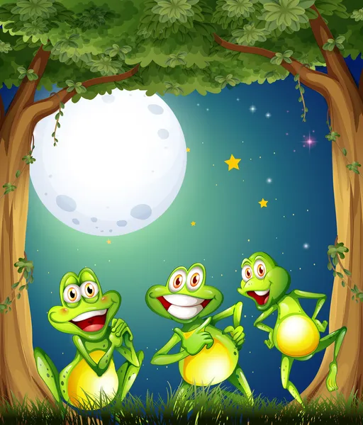 Three playful frogs playing at the woods — Stock Vector