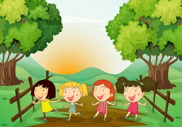 Four young ladies playing outdoor — Stock Vector