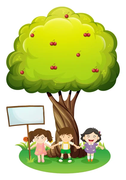Three kids standing under the tree with an empty signboard — Stock Vector