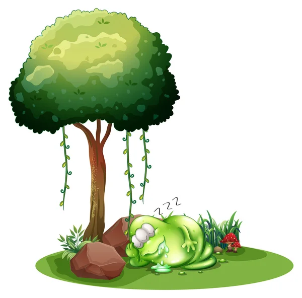 Un monstruo verde gordo durmiendo bajo el árbol — Archivo Imágenes Vectoriales