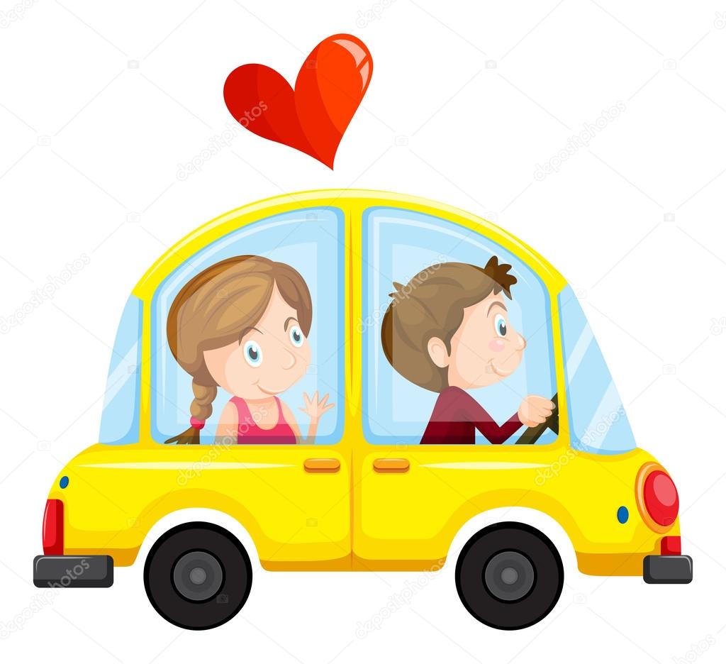 A yellow car with a loving couple