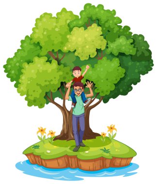 A young boy carried by his father near the big tree clipart
