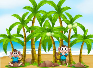 A beach with tall coconut trees and playful monkeys clipart