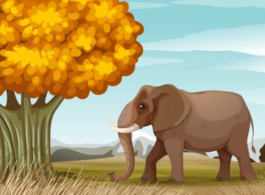 Büyük ağacın yakınındaki büyük bir kahverengi fil