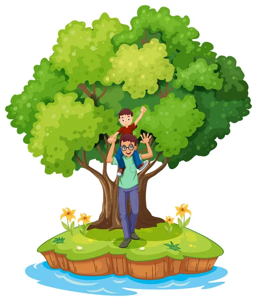 A young boy carried by his father near the big tree — Stock Vector