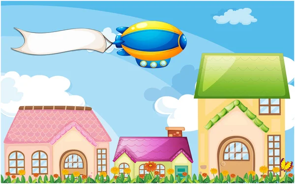 Een tekstballon boven het dorp met een lege banner — Stockvector