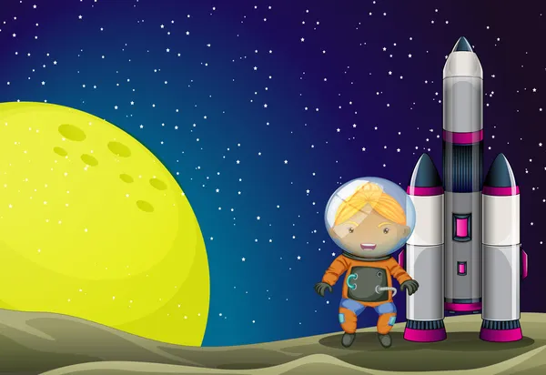 Астронавт стоїть біля ракети біля Місяця — стоковий вектор