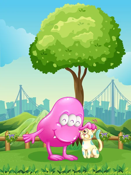 A pink monster and a monster cat near the tree — Stock Vector