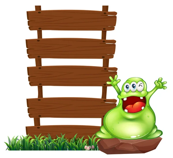 A happy monster above the rock beside the empty wooden signboard — Stock Vector