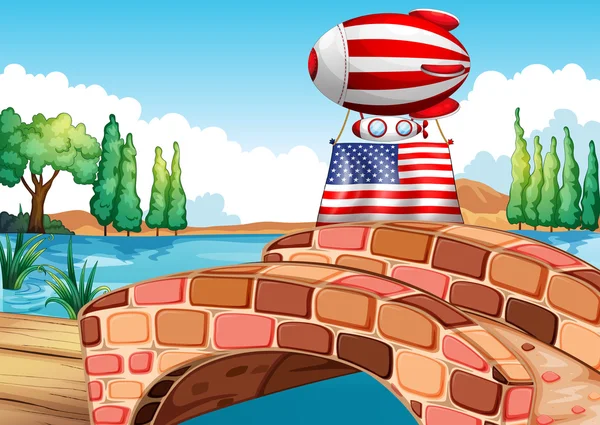 Balón a vlajka Spojených států nad mostem — Stockový vektor