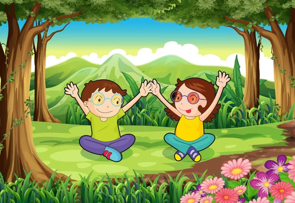 Två lekfulla barn på skog — Stock vektor