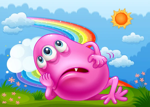 Un monstruo rosa cansado en la cima de la colina con un arco iris en el cielo — Archivo Imágenes Vectoriales