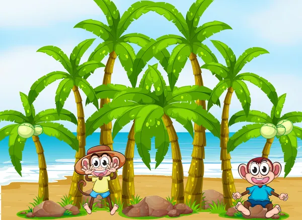 A beach with coconut trees and playful monkeys — Stock Vector