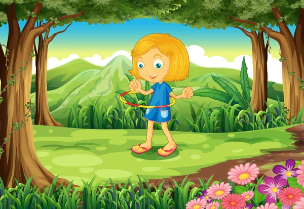 Une forêt avec un enfant jouant — Image vectorielle