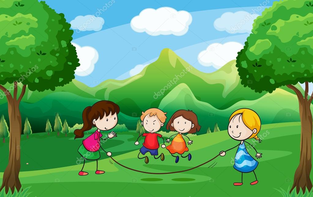 cuatro niños jugando al aire libre cerca de los árboles — Vector de
