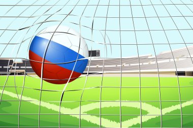 A soccer ball with the flag of Russia hitting a goal clipart